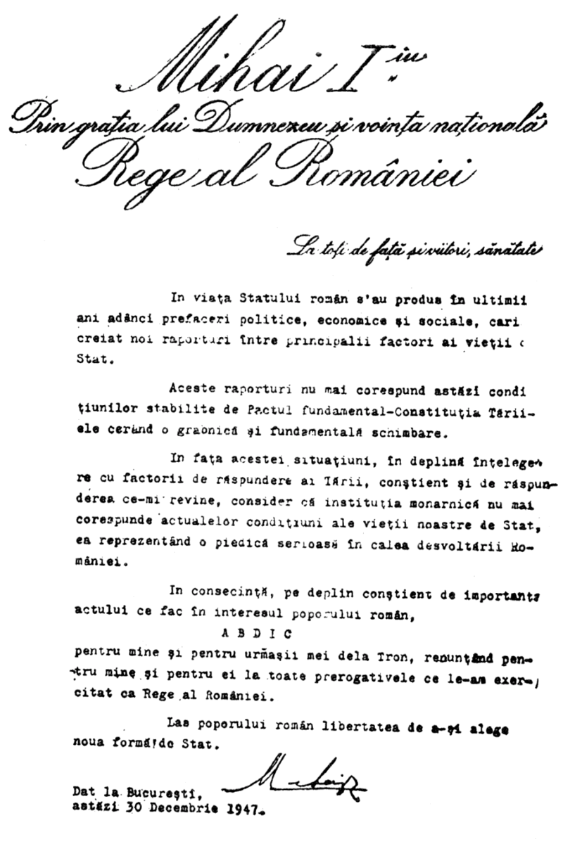 Acte d'abdication de Michel Ier de Roumanie de 1947